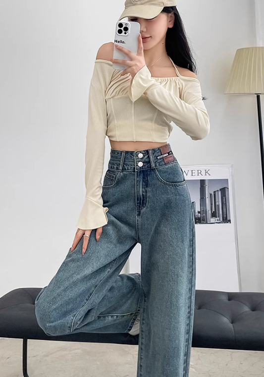 double button high waist jeans