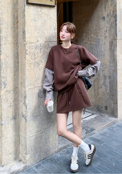 Brown patch sleeve sweatshirt suit