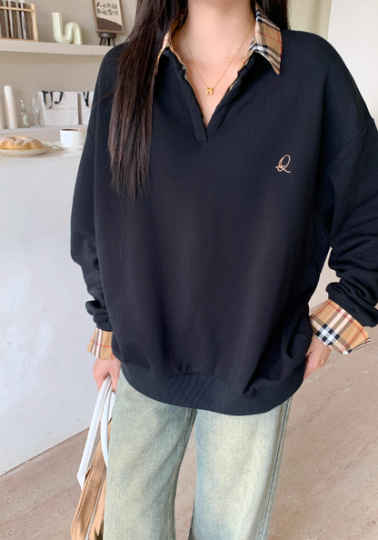 Yellow plaid collar patchwork sweatshirt