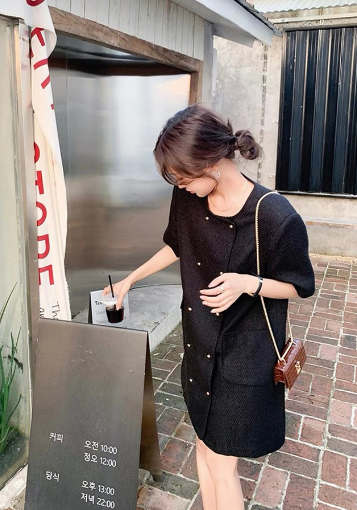 [French style high-end little black dress]