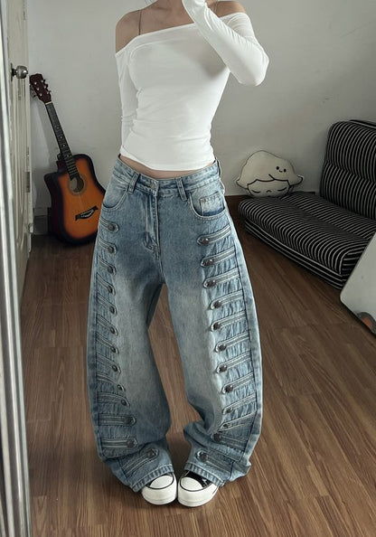 美式拿破崙宮廷風牛仔褲 女款金屬扣小眾設計 鬆身彎刀闊腳長褲
