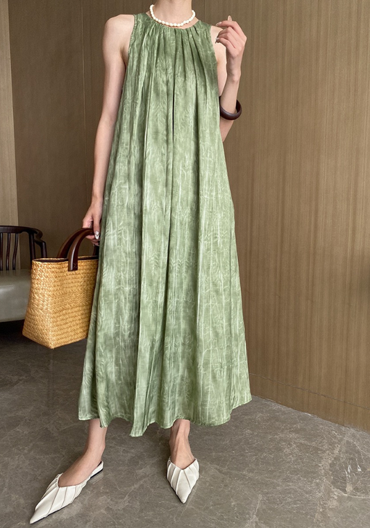 [Water Ripple Pleated Round Neck Sleeveless Dress]