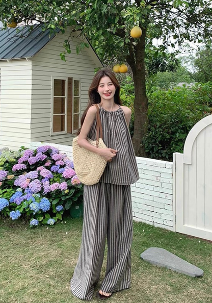 Resort style striped top + wide leg pants suit
