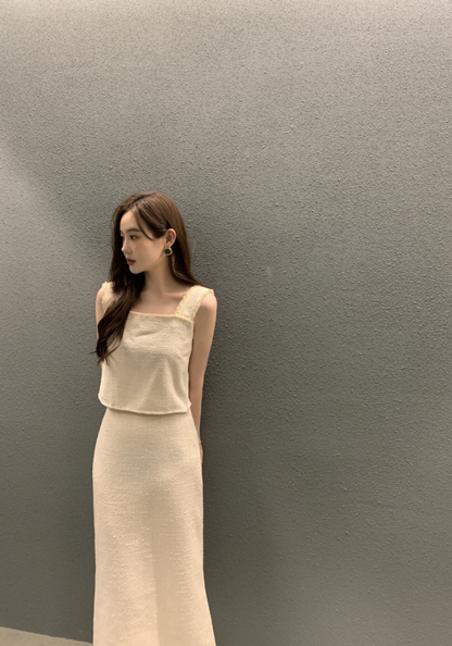 Square collar lace fringed vest + skirt