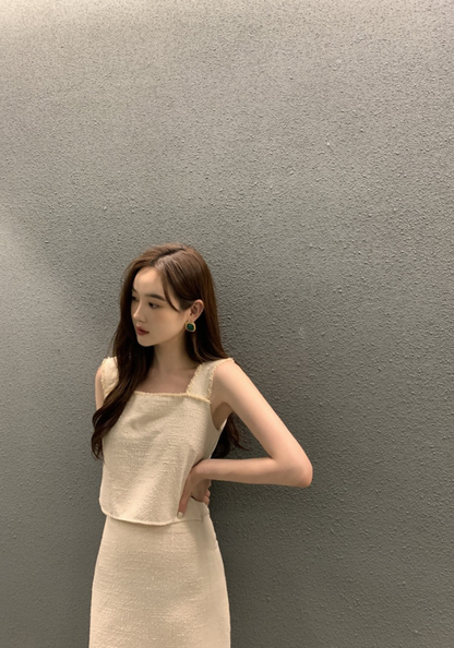 Square collar lace fringed vest + skirt