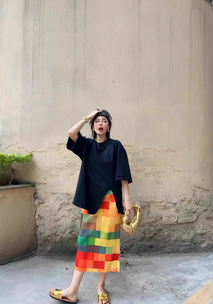 Rainbow plaid pleated hip bag