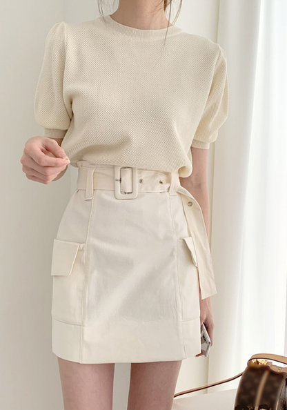 [Round neck ice silk puff sleeve sweater set]