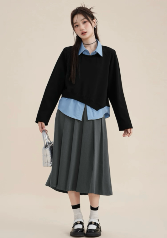 黑藍假兩件上衣