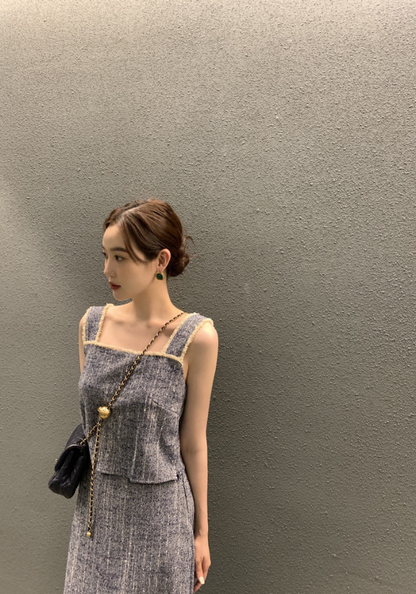 Square collar lace fringed vest + skirt