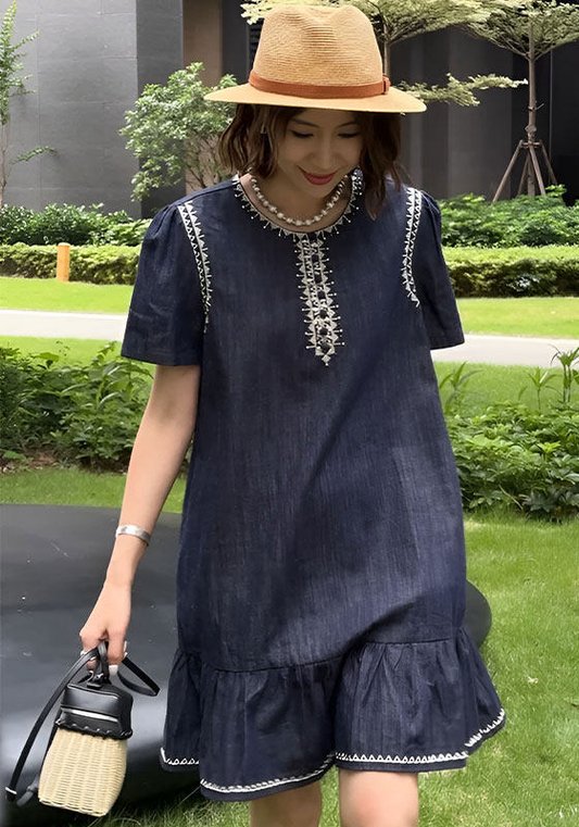 深藍刺繡牛仔裙