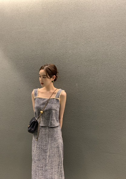 Square collar lace fringed vest + skirt