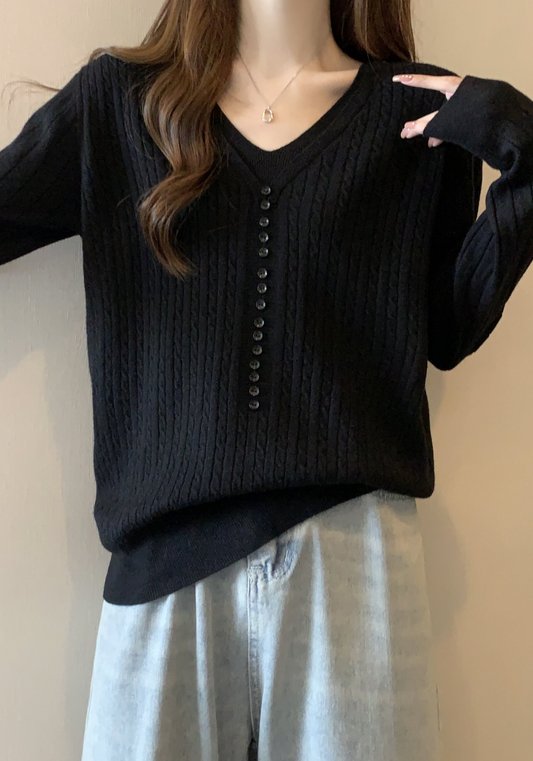 大碼寬鬆V領內搭針織打底衫 女 早秋胖妹專用 假兩件正肩長袖上衣