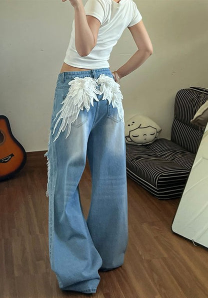 美式復古翅膀刺繡牛仔褲 女｜2026夏季新款辣妹風燙鑽破洞闊腳拖地褲