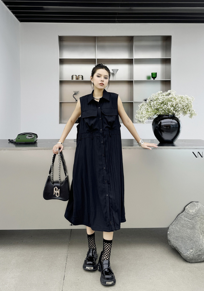 [Korean style Polo collar cardigan vest dress]