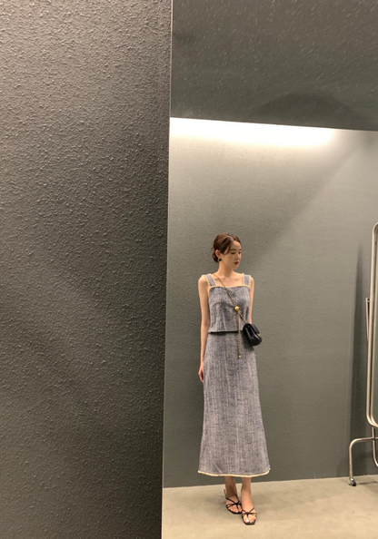 Square collar lace fringed vest + skirt