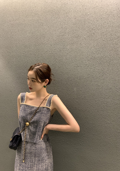 Square collar lace fringed vest + skirt