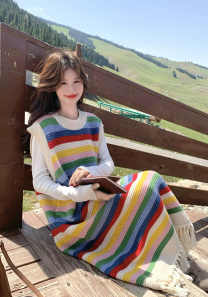 彩條紋背心裙
