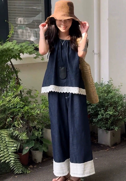 Korean style lace patchwork sleeveless denim suit