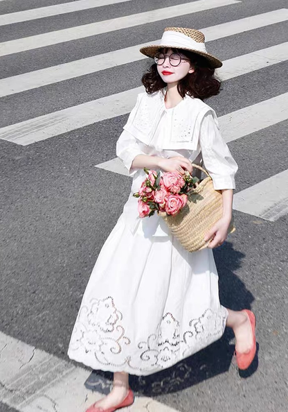 [Xiaoxiangfeng Hollow White Shirt Skirt Suit]