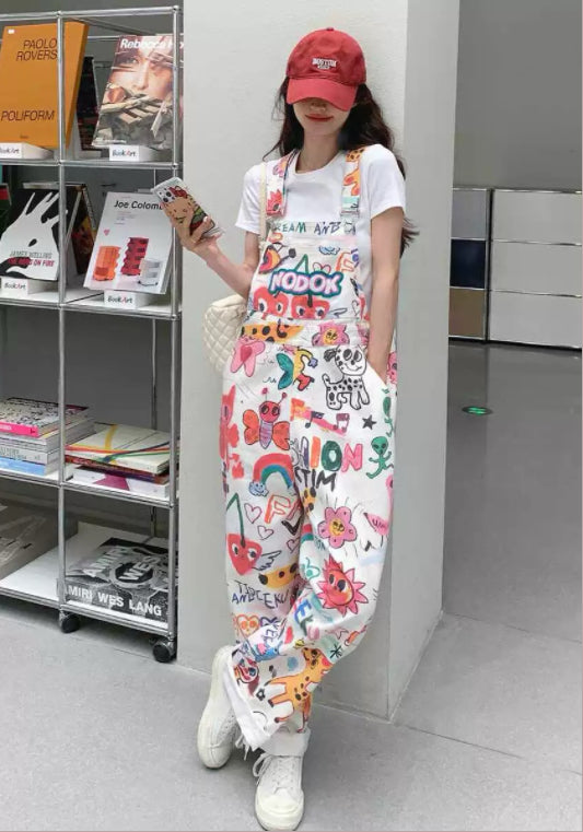 彩色塗鴉背帶褲