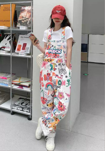 彩色塗鴉背帶褲