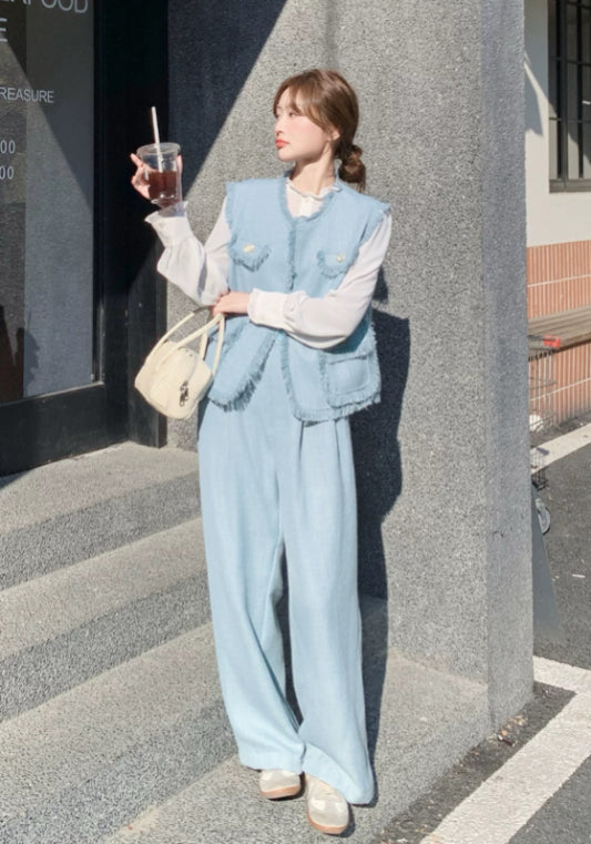 藍色小香風馬甲套裝