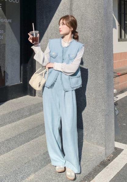 藍色小香風馬甲套裝