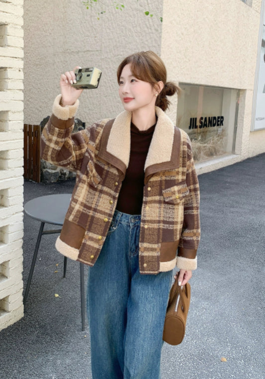 Retro plaid shearling coat