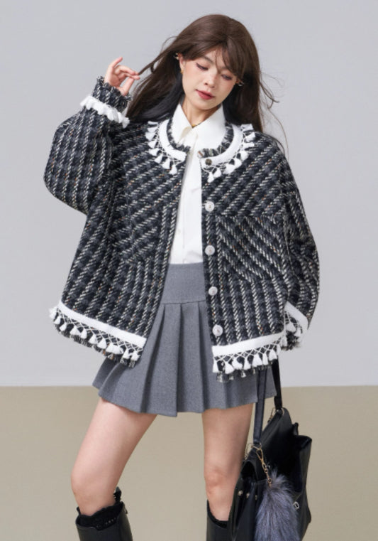黑白格流蘇外套