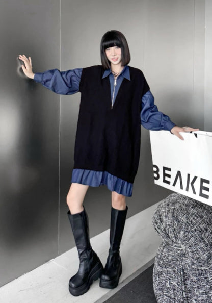 黑藍拼接裙