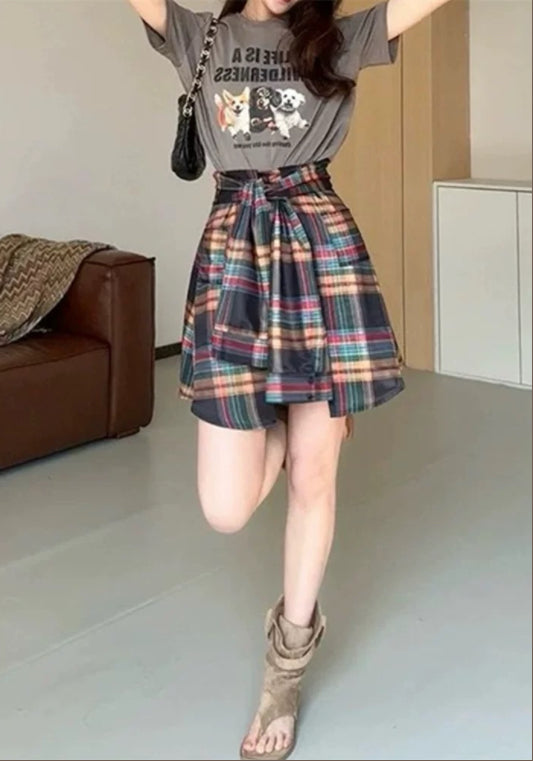 彩色格仔裙褲