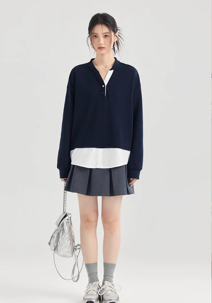 Fake two-piece black and white contrasting sweatshirts