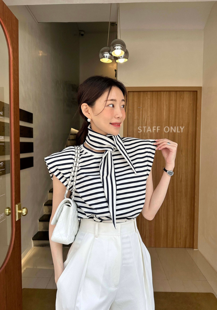 Korean style striped shoulder pad T-shirt