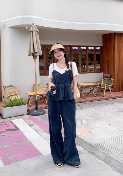Ruffled denim three-piece suit