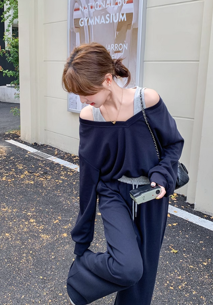 Fake two piece off shoulder suit