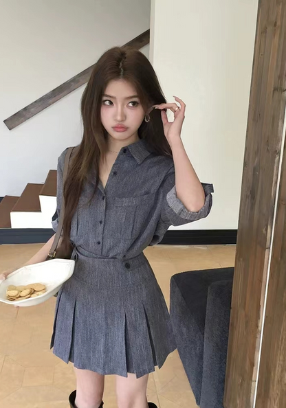 Textured shirt + pleated skirt set