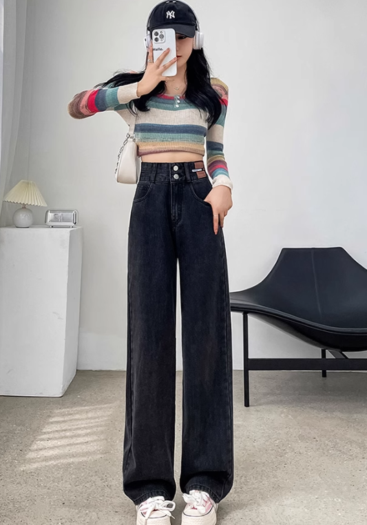 double button high waist jeans