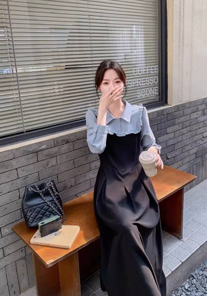 Fake two piece blue shirt dress