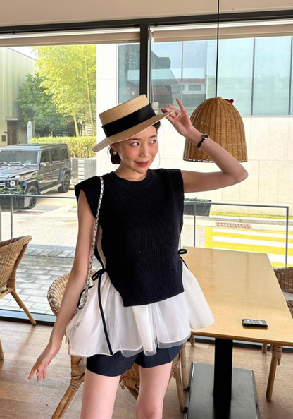 Mesh cake skirt + knitted vest suit