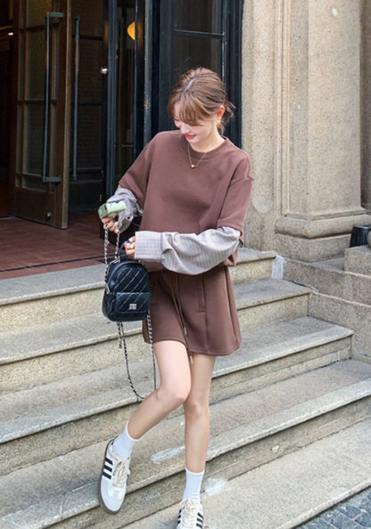 Brown patch sleeve sweatshirt suit