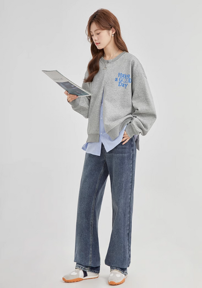 Fake two piece high slit sweatshirt