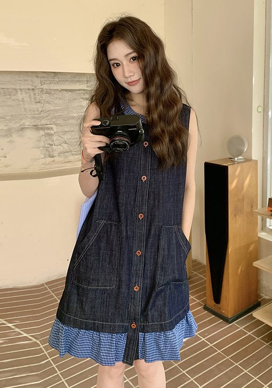 深藍牛仔拼接裙