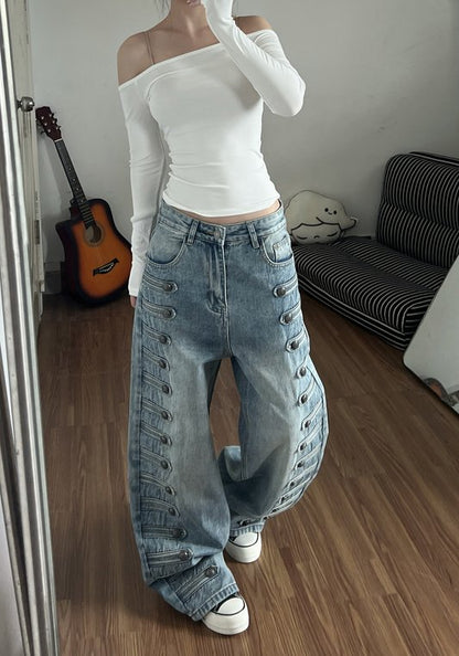美式拿破崙宮廷風牛仔褲 女款金屬扣小眾設計 鬆身彎刀闊腳長褲