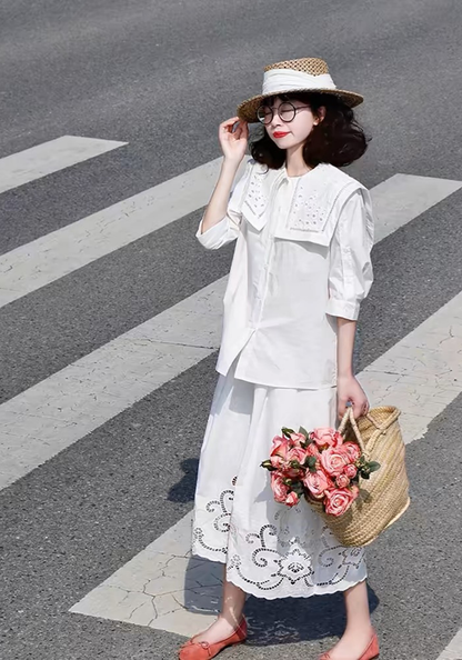 [Xiaoxiangfeng Hollow White Shirt Skirt Suit]