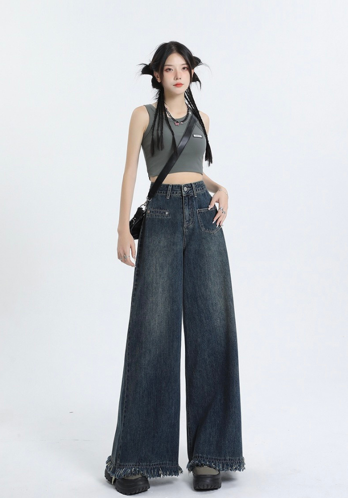 Fringed raw edge floor-length jeans