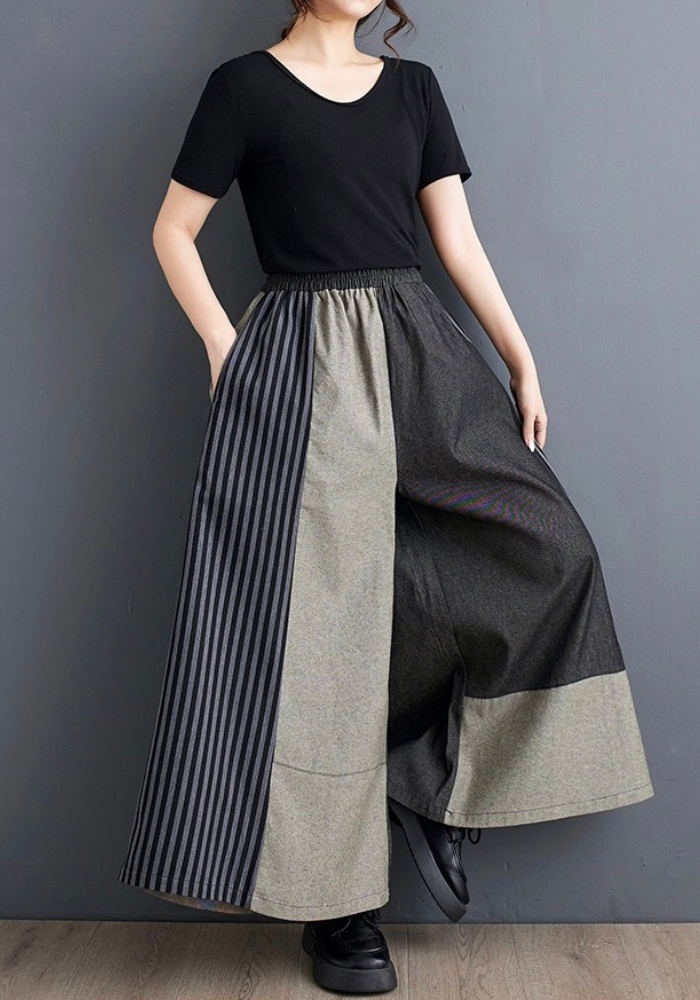 [Denim spliced ​​straight wide-leg pants]