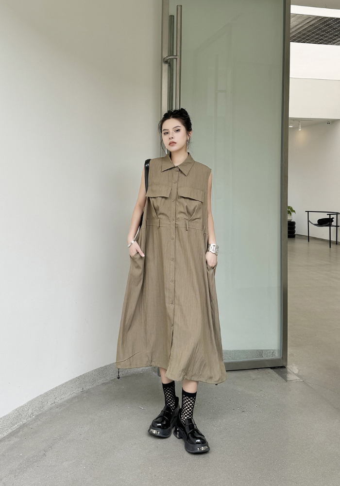 [Korean style Polo collar cardigan vest dress]