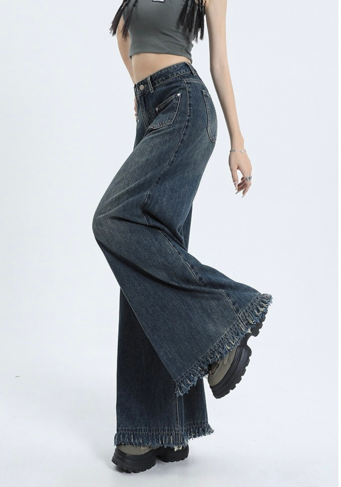 Fringed raw edge floor-length jeans