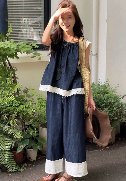 Korean style lace patchwork sleeveless denim suit
