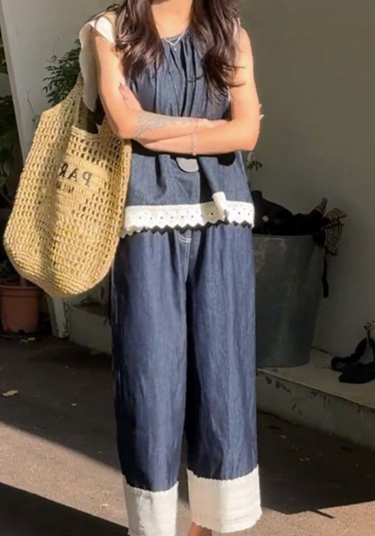 Korean style lace patchwork sleeveless denim suit